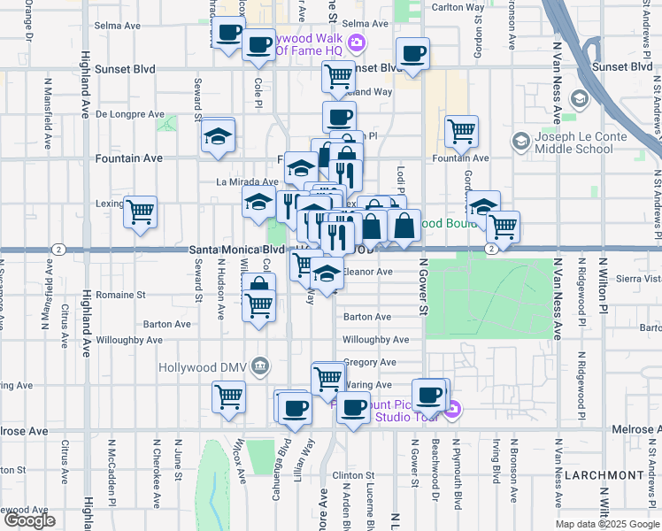 map of restaurants, bars, coffee shops, grocery stores, and more near 6301 California 2 in Los Angeles