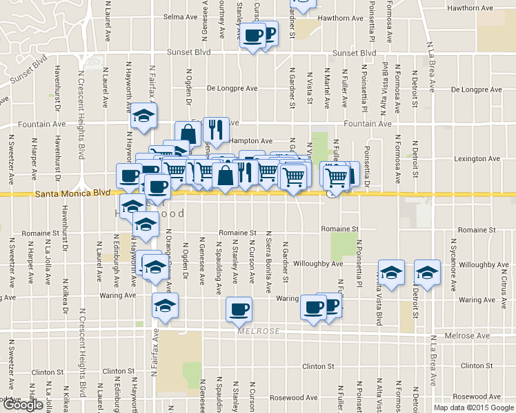 map of restaurants, bars, coffee shops, grocery stores, and more near 1065 North Sierra Bonita Avenue in West Hollywood