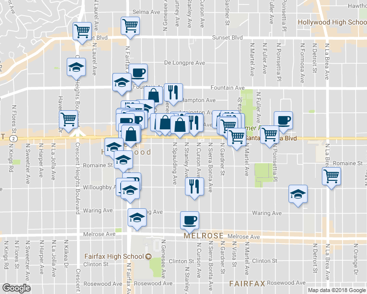 map of restaurants, bars, coffee shops, grocery stores, and more near in West Hollywood