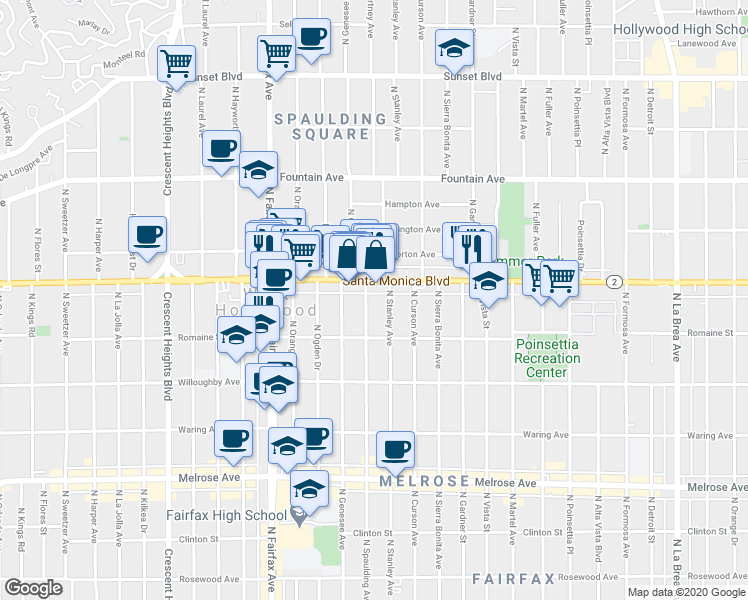 map of restaurants, bars, coffee shops, grocery stores, and more near in West Hollywood