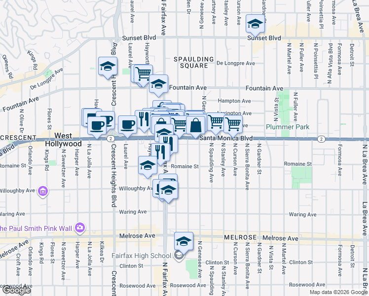 map of restaurants, bars, coffee shops, grocery stores, and more near 1062 North Orange Grove Avenue in West Hollywood