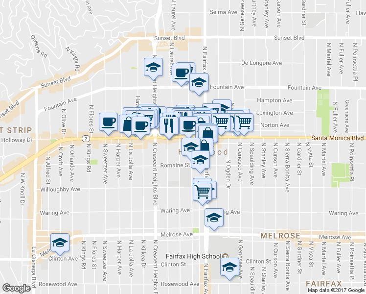 map of restaurants, bars, coffee shops, grocery stores, and more near 7960 Santa Monica Boulevard in West Hollywood