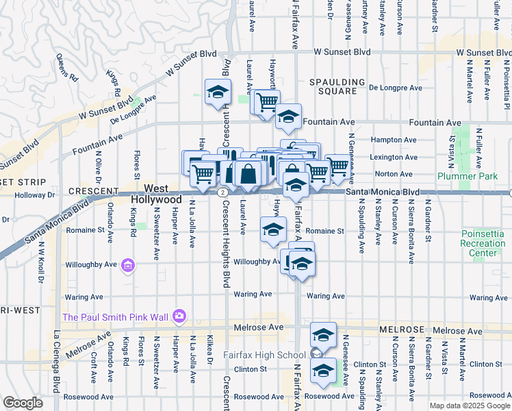 map of restaurants, bars, coffee shops, grocery stores, and more near 7960 Santa Monica Boulevard in West Hollywood