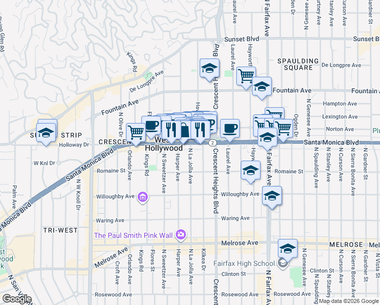 map of restaurants, bars, coffee shops, grocery stores, and more near 8224 Santa Monica Boulevard in West Hollywood