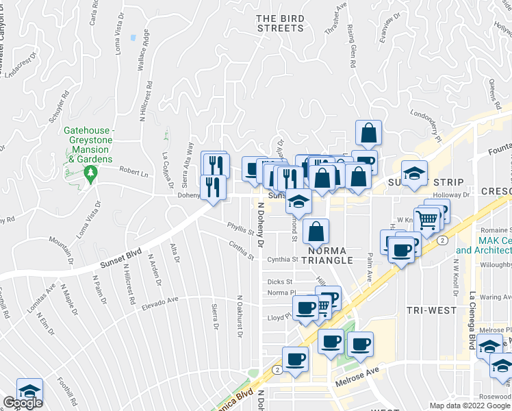 map of restaurants, bars, coffee shops, grocery stores, and more near in West Hollywood