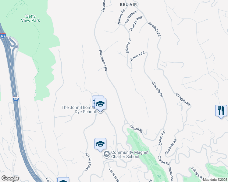 map of restaurants, bars, coffee shops, grocery stores, and more near 1118 Roscomare Road in Los Angeles