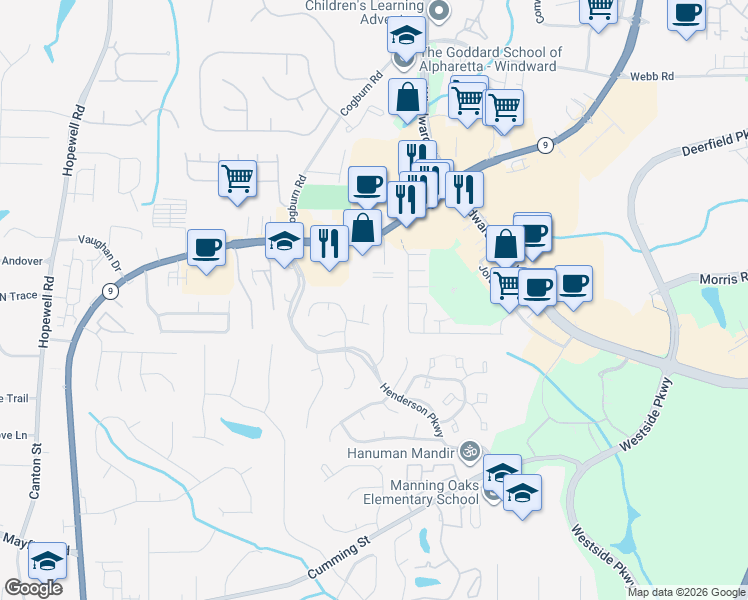 map of restaurants, bars, coffee shops, grocery stores, and more near 341 Devon Court in Alpharetta