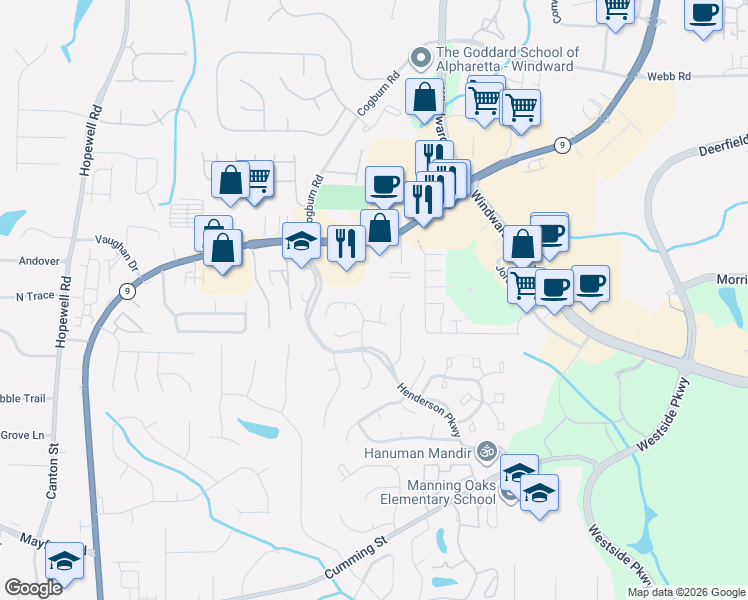 map of restaurants, bars, coffee shops, grocery stores, and more near 5091 North Somerset Lane in Alpharetta