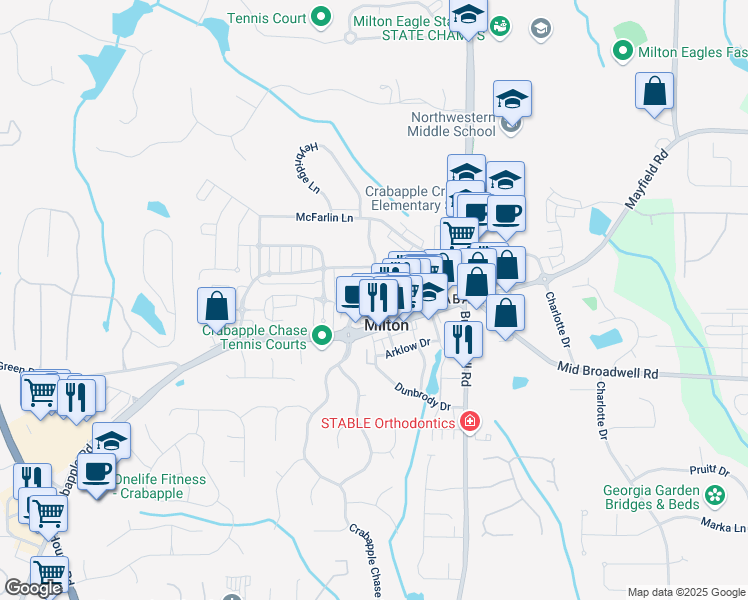 map of restaurants, bars, coffee shops, grocery stores, and more near 1950 Heritage Walk in Milton