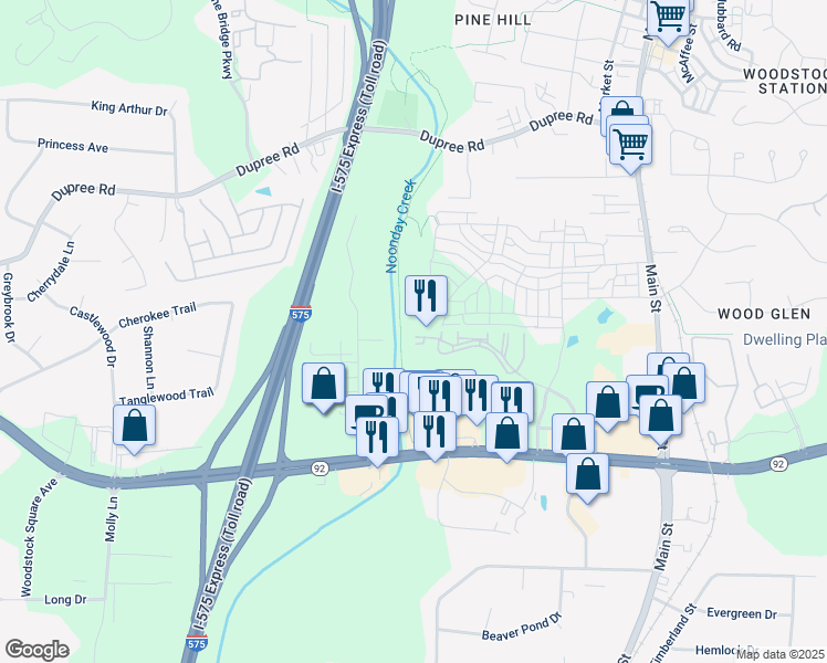 map of restaurants, bars, coffee shops, grocery stores, and more near 424 Creekstone Ridge in Woodstock