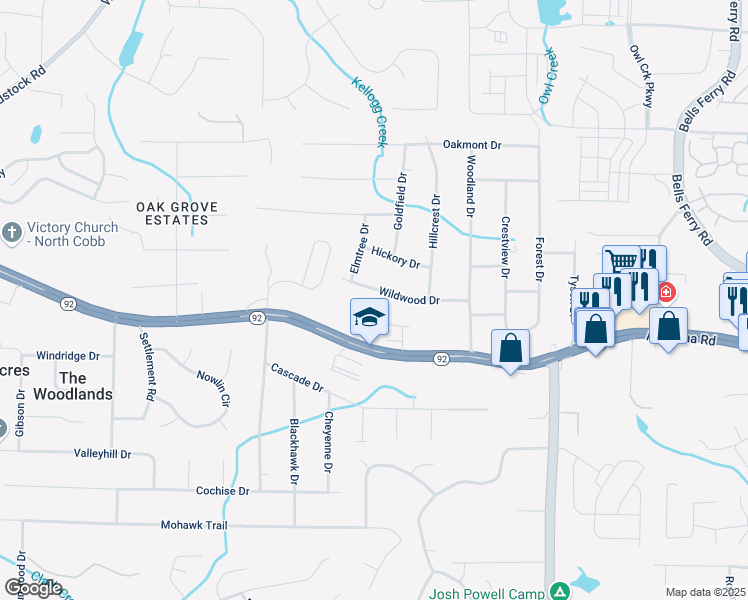 map of restaurants, bars, coffee shops, grocery stores, and more near 1513 Wildwood Drive in Acworth
