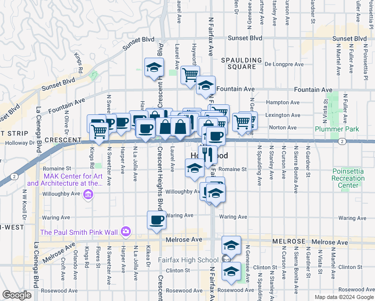 map of restaurants, bars, coffee shops, grocery stores, and more near 1050 North Edinburgh Avenue in West Hollywood
