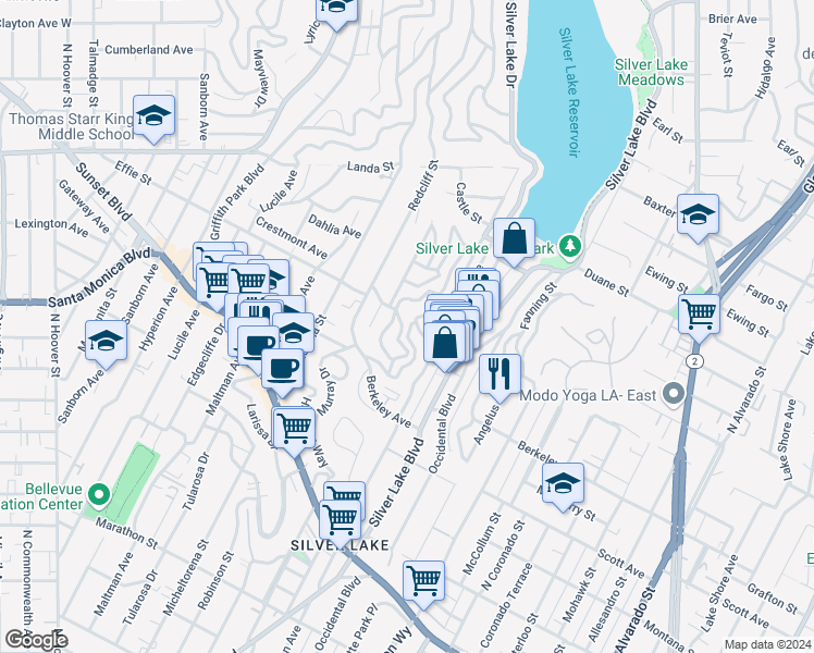 map of restaurants, bars, coffee shops, grocery stores, and more near 1672 Rotary Drive in Los Angeles