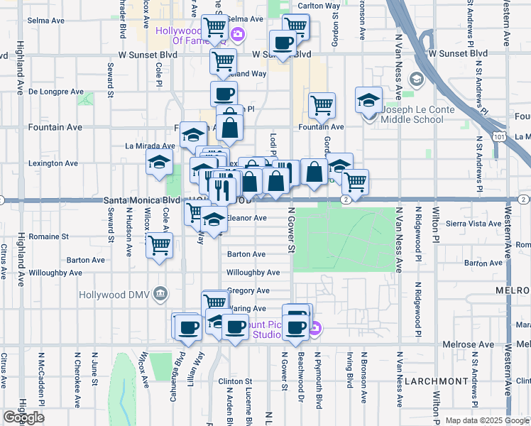 map of restaurants, bars, coffee shops, grocery stores, and more near 1076 North El Centro Avenue in Los Angeles