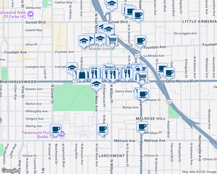 map of restaurants, bars, coffee shops, grocery stores, and more near 1067 North Wilton Place in Los Angeles
