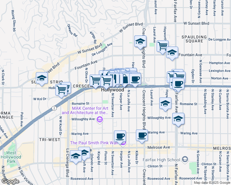map of restaurants, bars, coffee shops, grocery stores, and more near 1040 North Sweetzer Avenue in West Hollywood