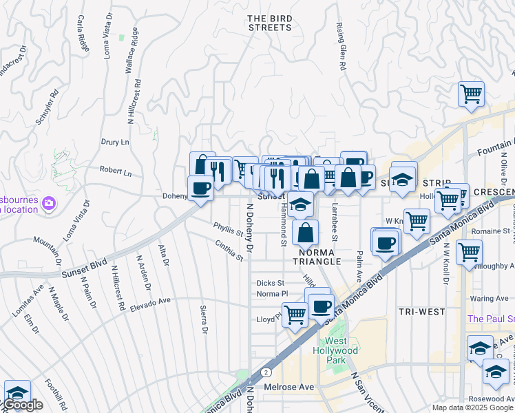 map of restaurants, bars, coffee shops, grocery stores, and more near 9040 Sunset Boulevard in West Hollywood