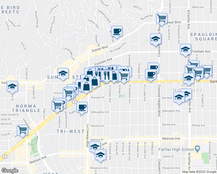 map of restaurants, bars, coffee shops, grocery stores, and more near 1051 North Orlando Avenue in West Hollywood