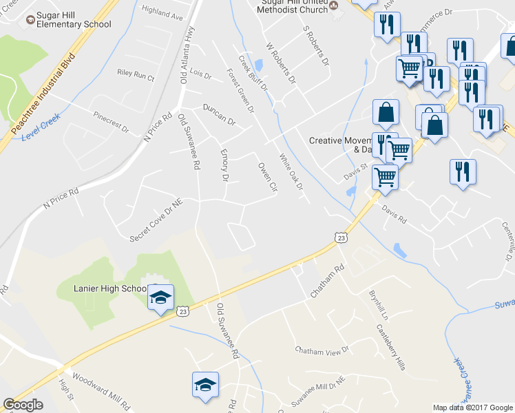map of restaurants, bars, coffee shops, grocery stores, and more near 1151 Owen Cir in Buford