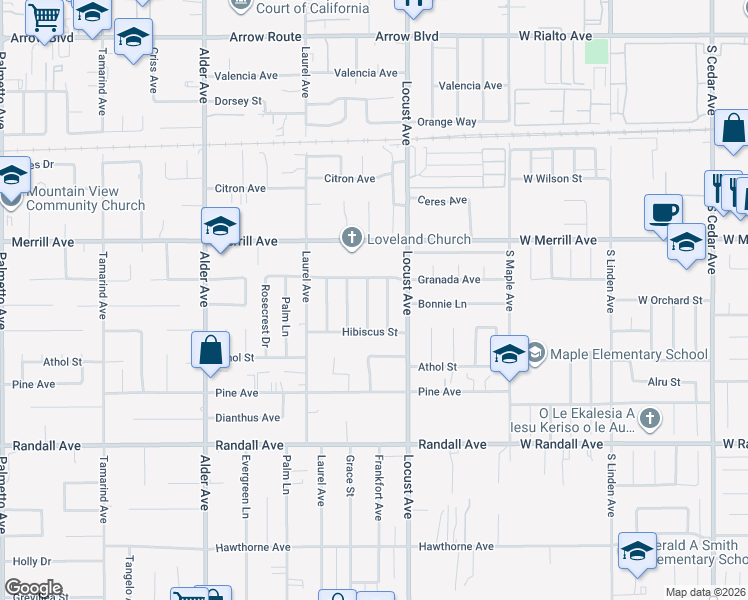map of restaurants, bars, coffee shops, grocery stores, and more near 8995 Buckeye Drive in Fontana