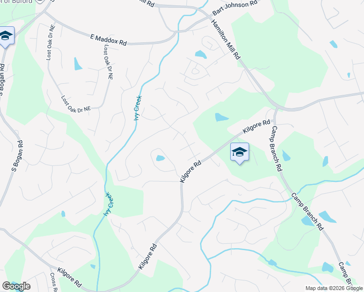 map of restaurants, bars, coffee shops, grocery stores, and more near 2634 Gold Rush Drive in Buford