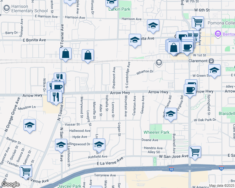 map of restaurants, bars, coffee shops, grocery stores, and more near 291 Princeton Avenue in Claremont