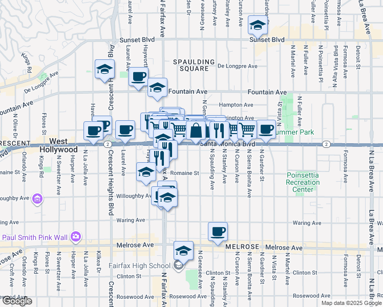 map of restaurants, bars, coffee shops, grocery stores, and more near 1046 North Ogden Drive in West Hollywood