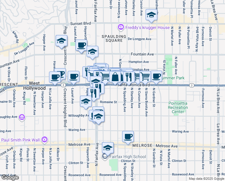 map of restaurants, bars, coffee shops, grocery stores, and more near 1046 North Ogden Drive in West Hollywood