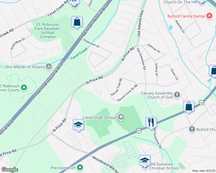 map of restaurants, bars, coffee shops, grocery stores, and more near 4525 Secret Trail Court Northeast in Sugar Hill