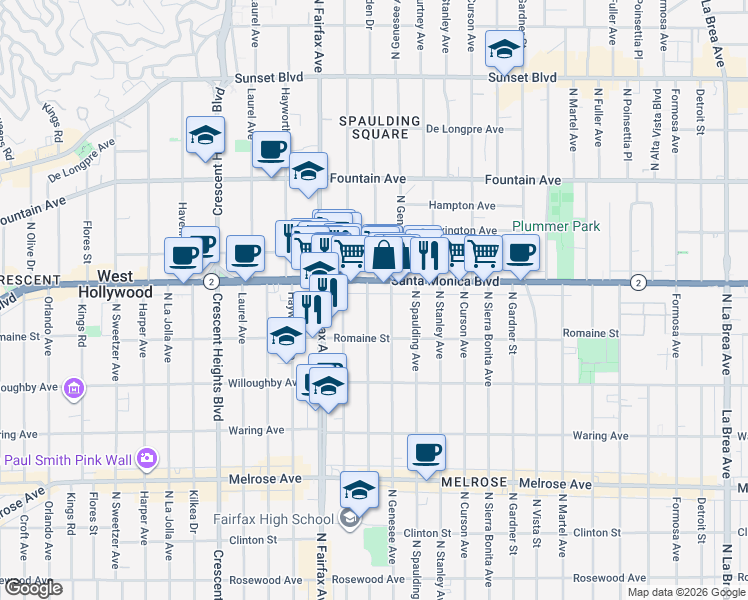 map of restaurants, bars, coffee shops, grocery stores, and more near 1046 North Ogden Drive in West Hollywood