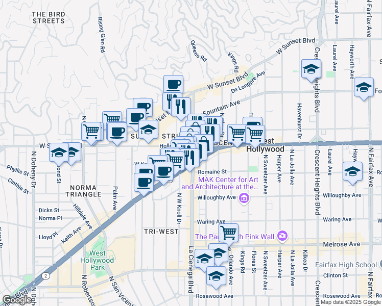 map of restaurants, bars, coffee shops, grocery stores, and more near 8510 Holloway Drive in West Hollywood