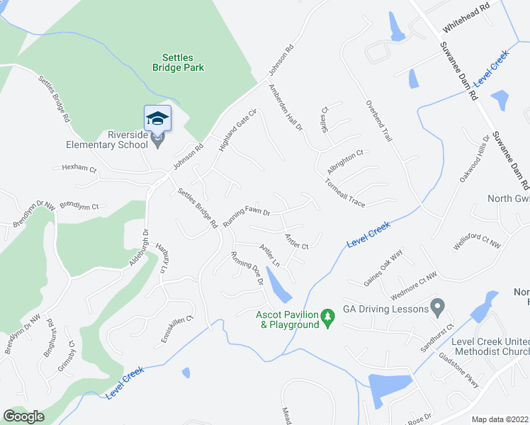 map of restaurants, bars, coffee shops, grocery stores, and more near 433 Running Fawn Drive in Suwanee