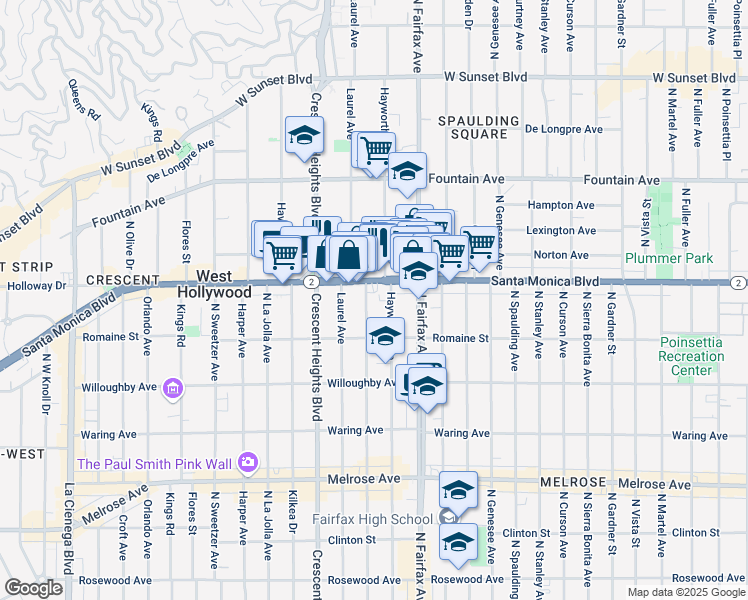 map of restaurants, bars, coffee shops, grocery stores, and more near 1050 North Edinburgh Avenue in West Hollywood