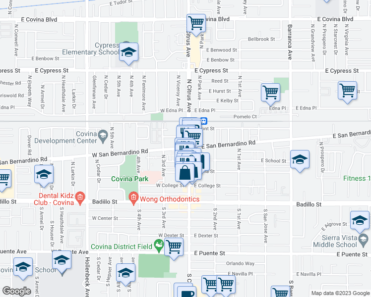 map of restaurants, bars, coffee shops, grocery stores, and more near 483 North Citrus Avenue in Covina