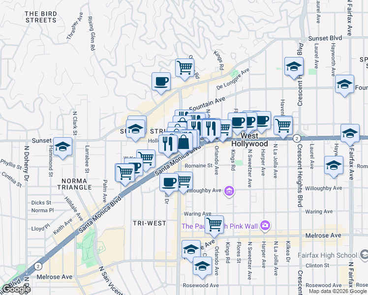 map of restaurants, bars, coffee shops, grocery stores, and more near Santa Monica Boulevard in West Hollywood