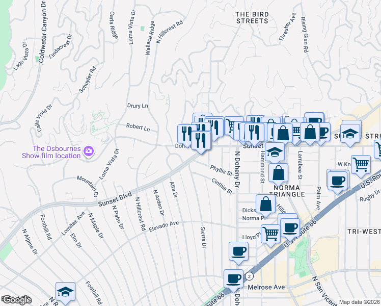 map of restaurants, bars, coffee shops, grocery stores, and more near 9255 Sunset Boulevard in West Hollywood