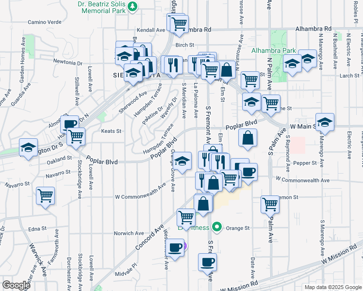 map of restaurants, bars, coffee shops, grocery stores, and more near 2814 Poplar Boulevard in Alhambra
