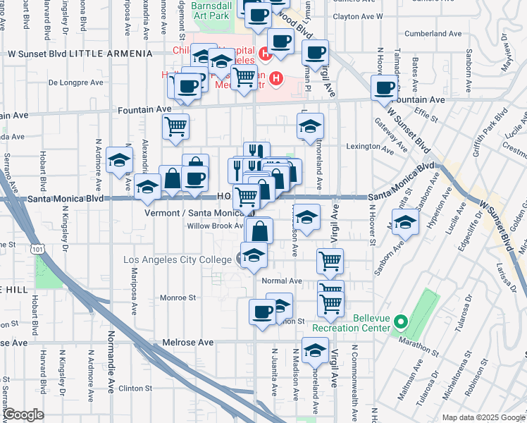 map of restaurants, bars, coffee shops, grocery stores, and more near in Los Angeles