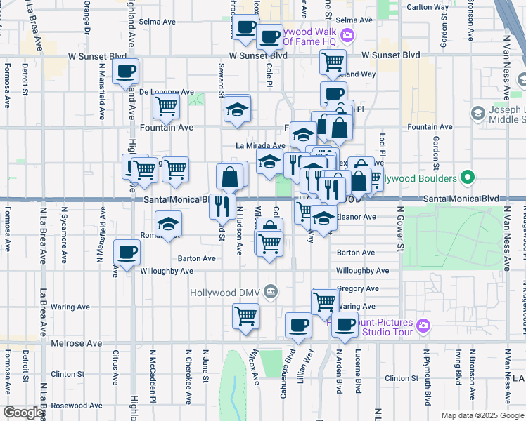 map of restaurants, bars, coffee shops, grocery stores, and more near in Los Angeles
