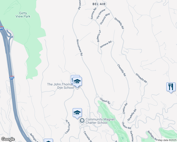 map of restaurants, bars, coffee shops, grocery stores, and more near 1117 Roscomare Road in Los Angeles