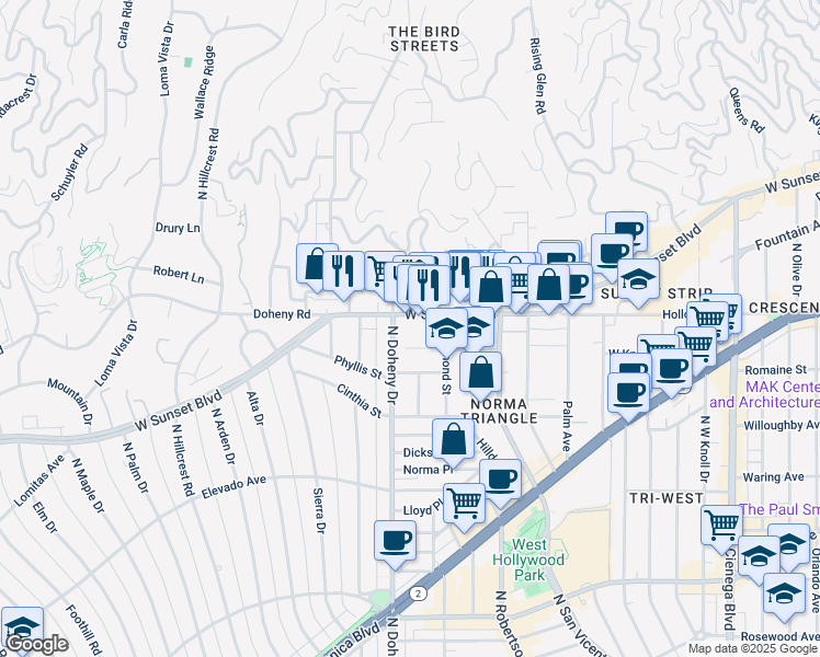 map of restaurants, bars, coffee shops, grocery stores, and more near 9040 Sunset Boulevard in West Hollywood