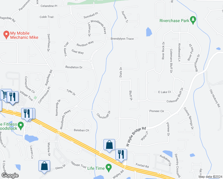map of restaurants, bars, coffee shops, grocery stores, and more near 174 Churchcliff Drive in Woodstock