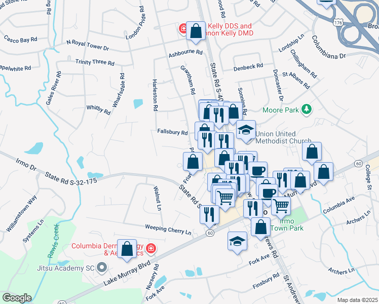 map of restaurants, bars, coffee shops, grocery stores, and more near 101 Thames Valley Court in Irmo