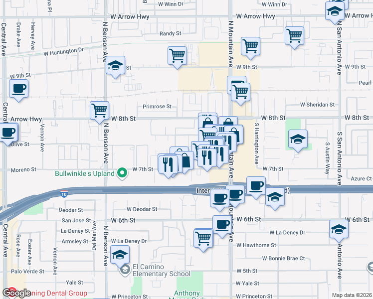 map of restaurants, bars, coffee shops, grocery stores, and more near 331 Stillman Avenue in Upland