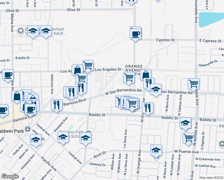 map of restaurants, bars, coffee shops, grocery stores, and more near 2105 West San Bernardino Road in West Covina