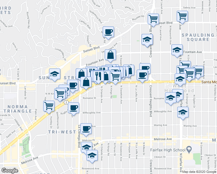 map of restaurants, bars, coffee shops, grocery stores, and more near 1045 Kings Road in West Hollywood