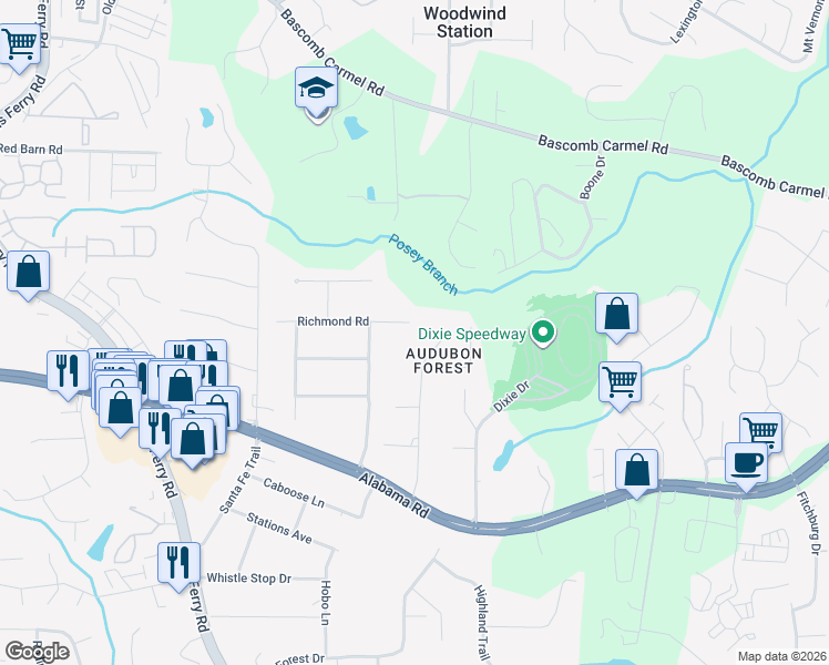 map of restaurants, bars, coffee shops, grocery stores, and more near 3032 Richmond Road in Woodstock