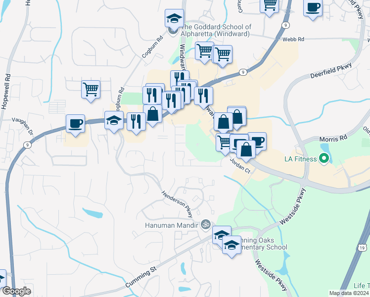 map of restaurants, bars, coffee shops, grocery stores, and more near 2711 Ashleigh Lane in Alpharetta