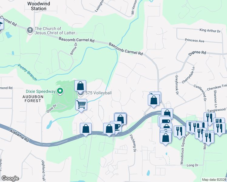 map of restaurants, bars, coffee shops, grocery stores, and more near 138 Williamsburg Lane in Woodstock