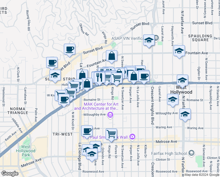 map of restaurants, bars, coffee shops, grocery stores, and more near 1045 Kings Road in West Hollywood
